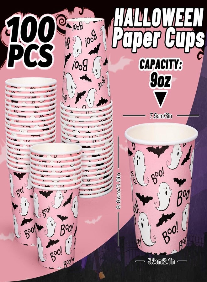 JarThenaAMCS 100Pcs Halloween Ghost Paper Cups 9oz Cute Ghost Bat Boo Pink Disposable Cups Party Cups for Hot Cold Drinks Beverage Halloween Party Supplies - Image 2